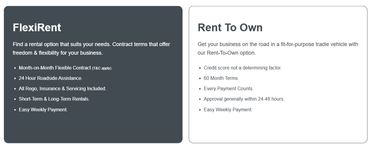 Description of Tradiespec's two rental services, FlexiRent and Rent To Own
